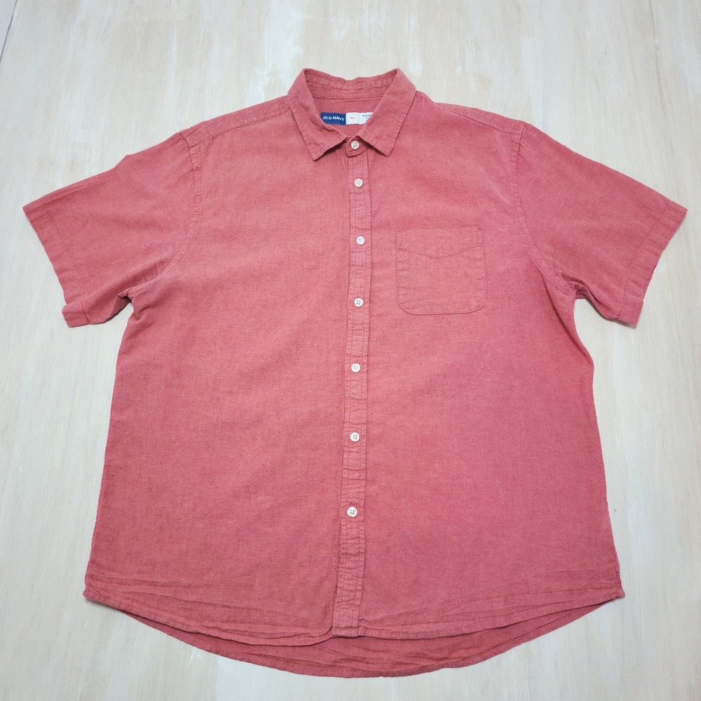 Old Navy Mens Everyday Shirt XL Red Linen Blend Short Sleeve Button Down Regular